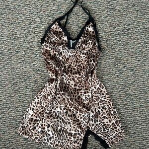 Forever 21 Leopard Print Satin Slip Dress with Black Lace Trim